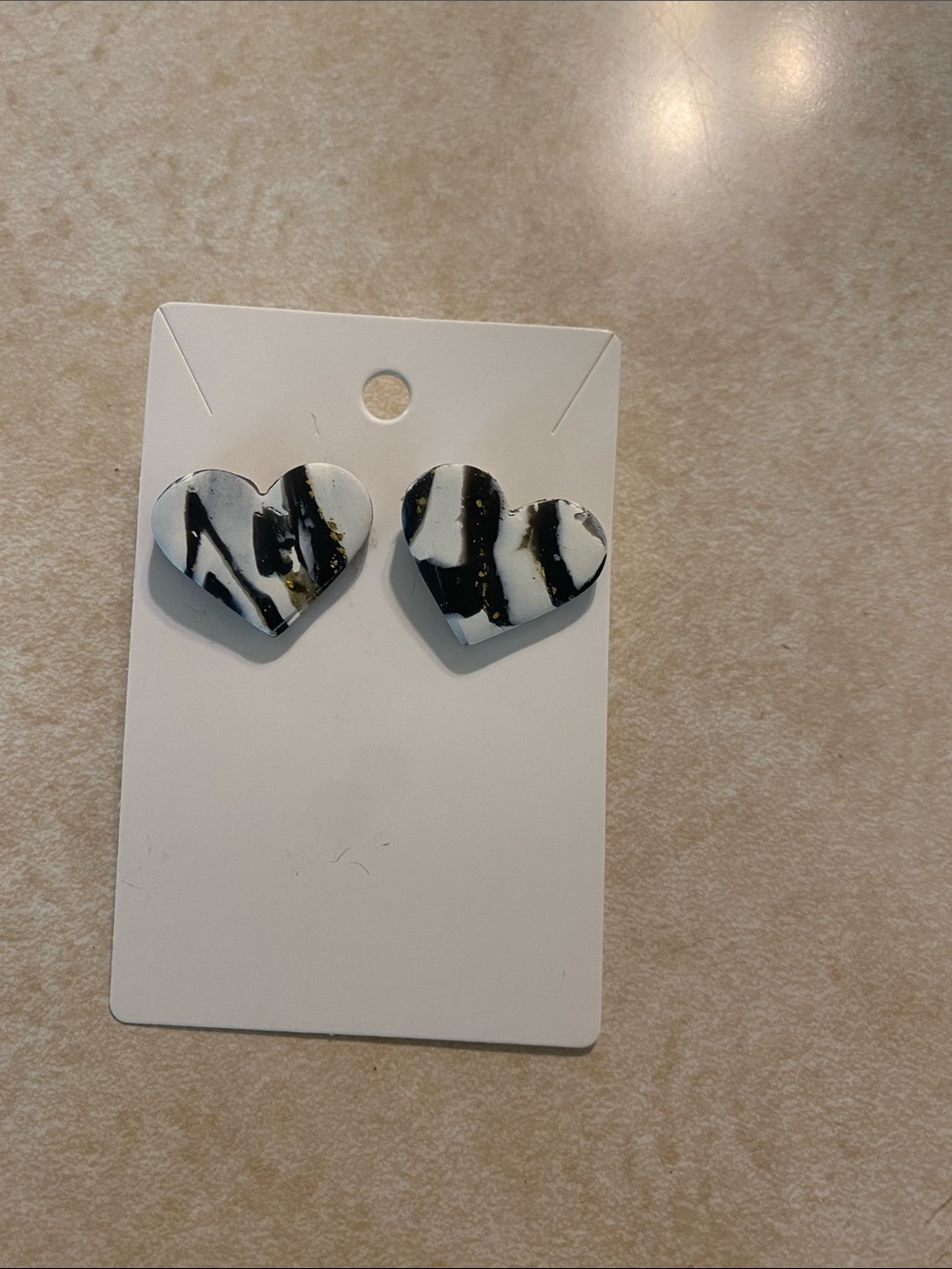 Black and White Marbled Heart Stud Earrings - Women's Jewelry